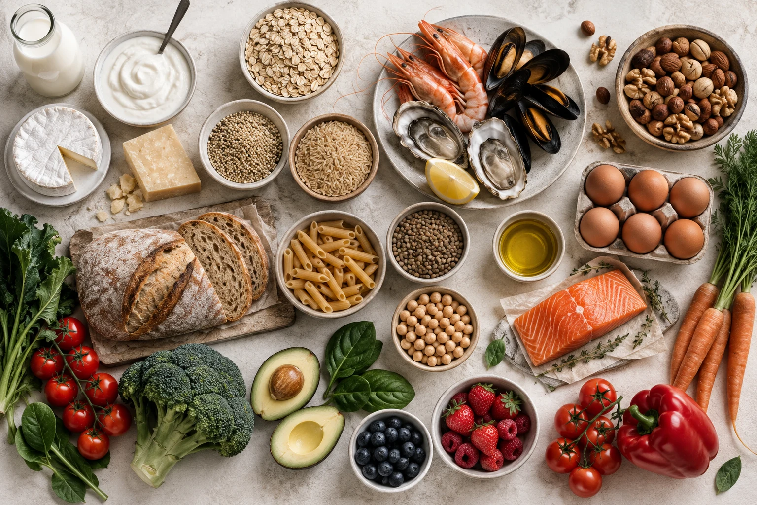 A selection of foods including dairy, grains, seafood, nuts and produce